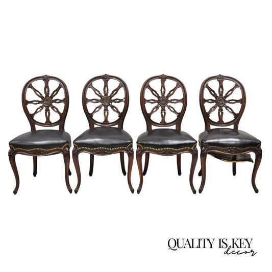 Antique Italian Neoclassical Pinwheel Carved Mahogany Dining Chairs - Set of 4