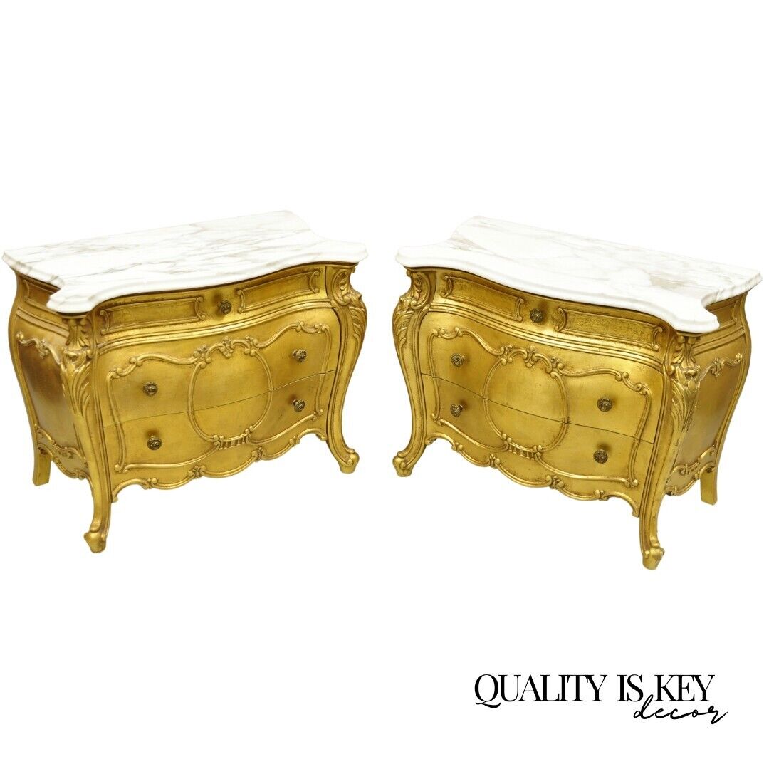 Vintage French Louis XV Style Gold Bombe Marble Top Nightstands - a Pair