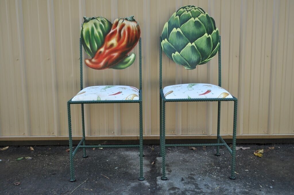 Hollywood Regency Custom Painted Peppers & Artichoke Bistro Side Chairs - a Pair