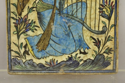 Antique Persian Iznik Qajar Style Ceramic Pottery Tile Woman Playing Harp C1