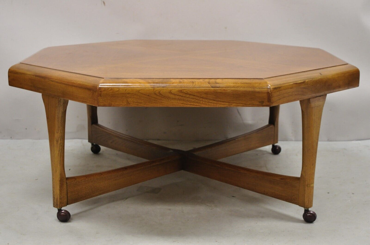 Lane Mid Century Modern Walnut Octagonal Stretcher Base Coffee Table