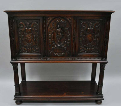 Antique Renaissance Revival Figural Carved Walnut Cabinet Sideboard Cupboard