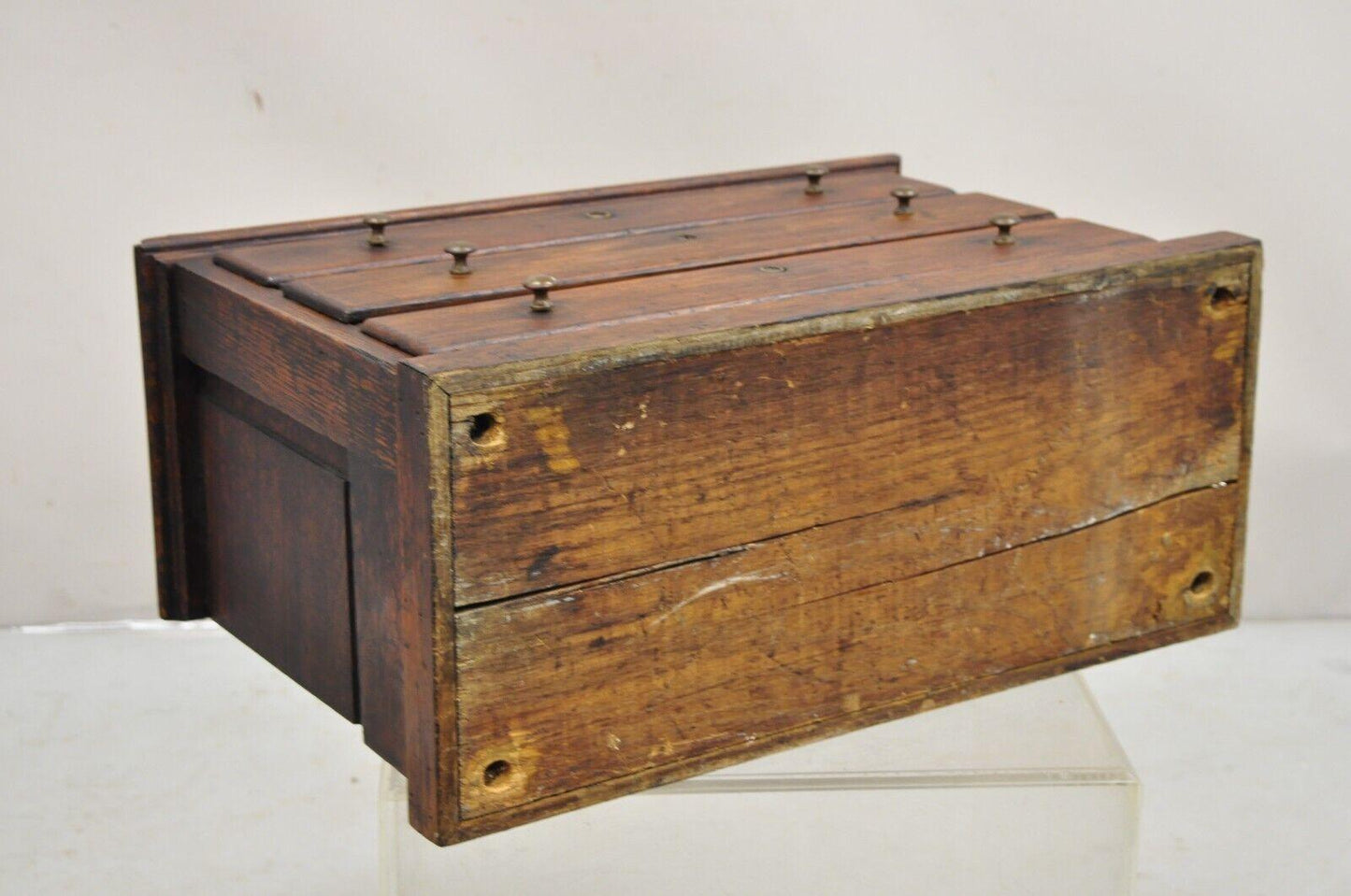 Antique Primitive Rustic Oak Wood 3 Drawer Tool Box Storage Chest with Handle