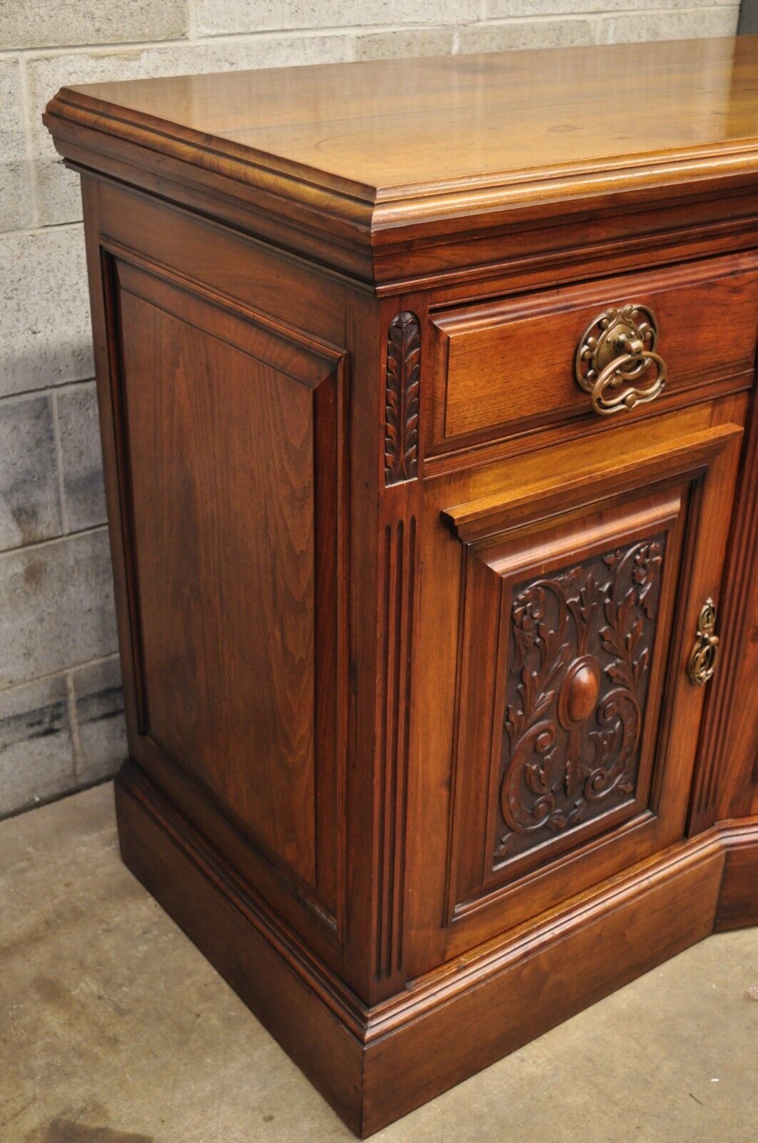 Antique French Renaissance Art Nouveau Mahogany Bowed Front Buffet Sideboard