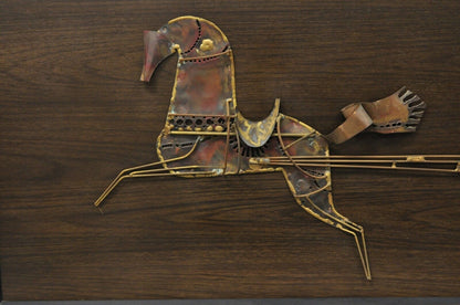 Vtg Mid Century Hillside Original Gilt Metal Brutalist Horse & Chariot Wall Art