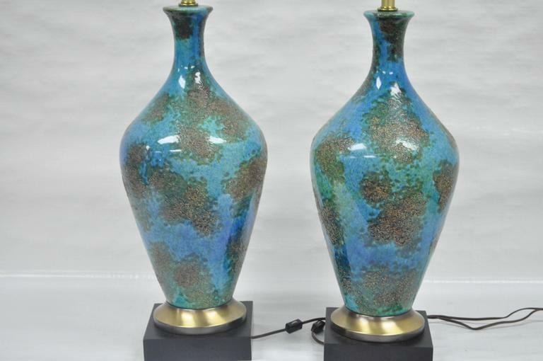 Pair of Mid Century Italian Modern Blue Glazed Ceramic Pottery Table Lamps