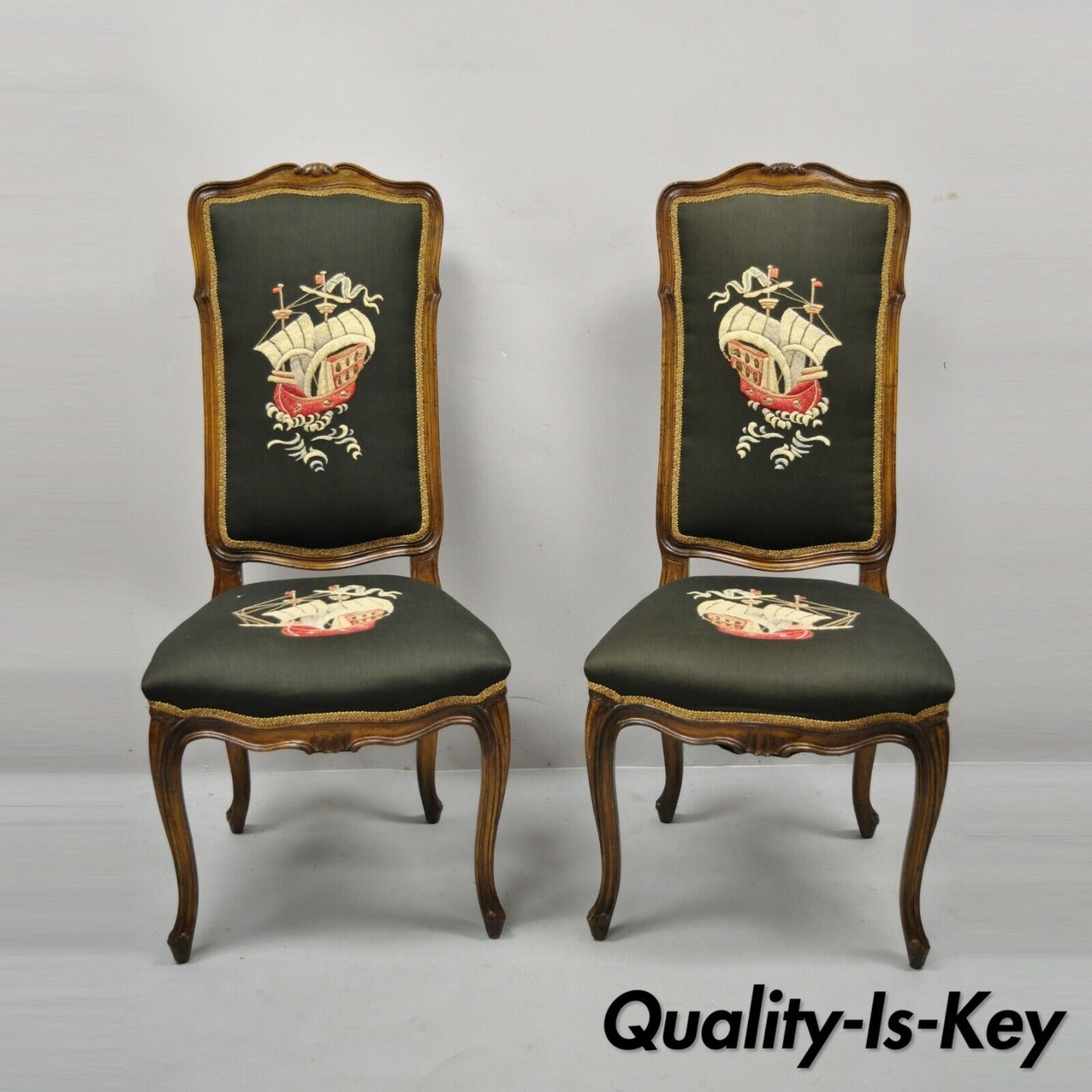 French Provincial Louis XV Walnut Side Chairs w/ Ship Boat Crewel Work - a Pair