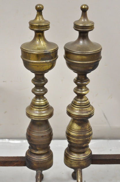 Antique Brass Federal Branch Leg Urn Finial Cast Iron Andirons - a Pair