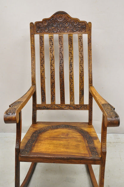 Vintage Anglo Indian Carved Teak Wood Rocking Chair Rocker