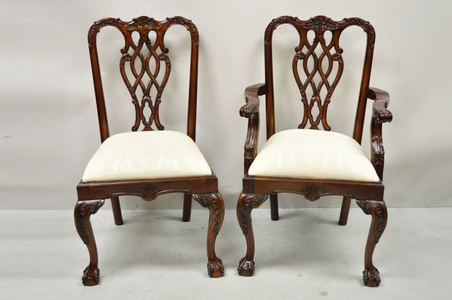 English Chippendale Style Carved Mahogany Ball & Claw Dining Chairs - Set of 8