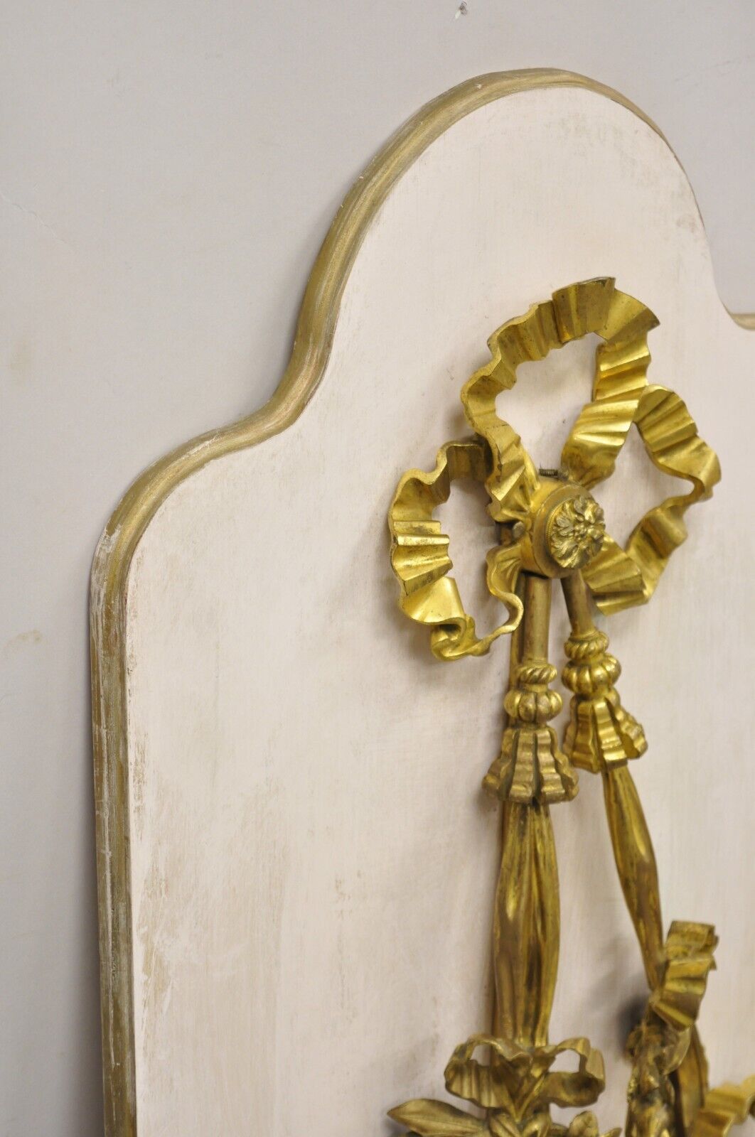 French Louis XV Gold Gilt Bronze Ribbon Drape Large Wall Plaque Sconces - a Pair