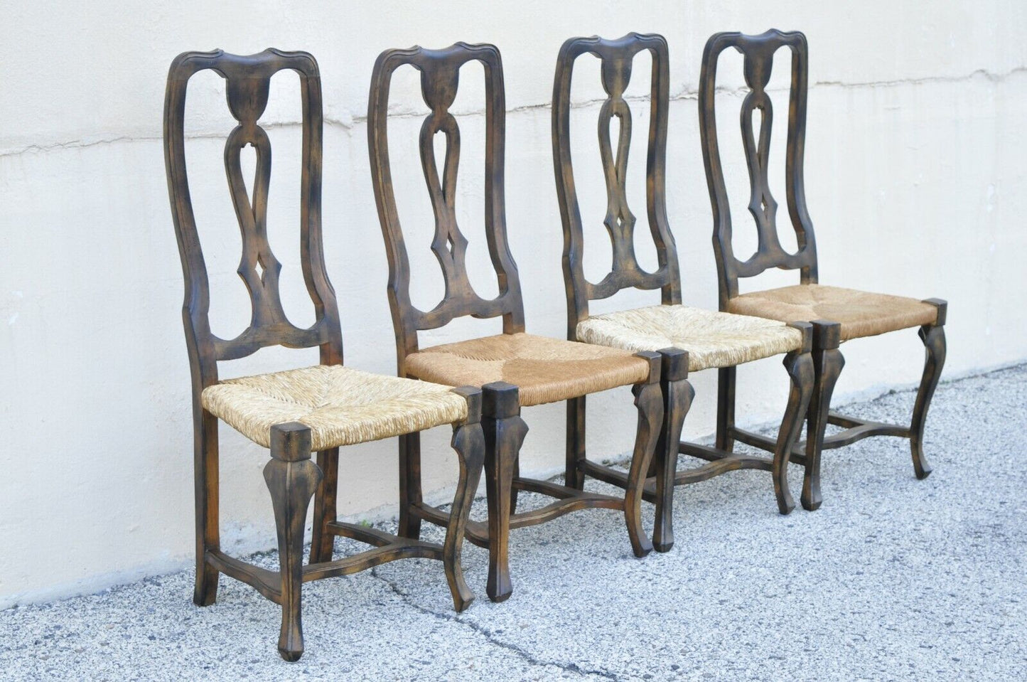 Spanish Rococo Rush Seat Distressed Carved Wood Dining Side Chairs - Set of 4