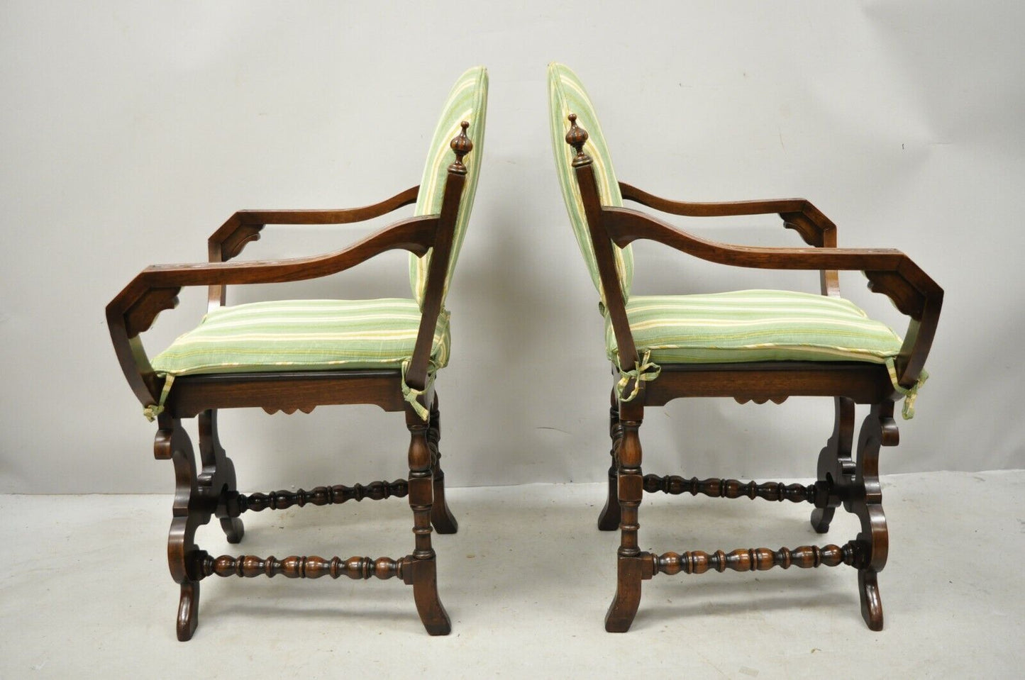 Antique Italian Renaissance Carved Walnut Savonarola Throne Arm Chairs - a Pair