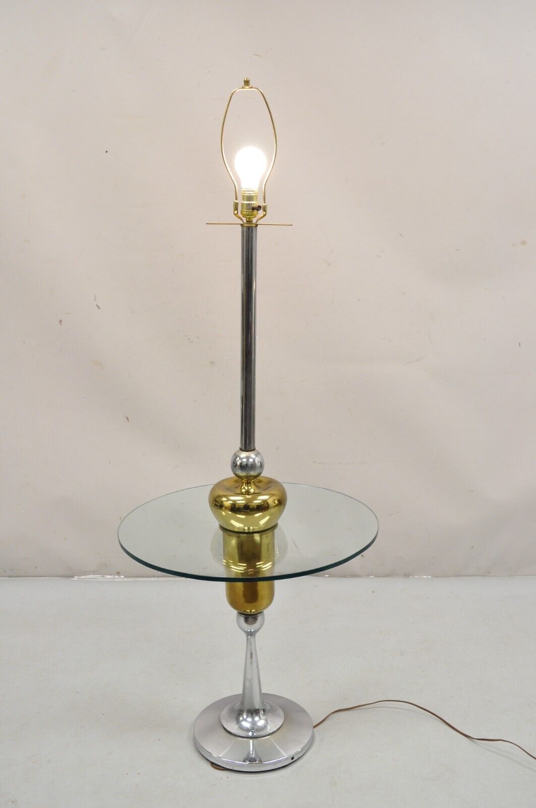 Mid Century Modern Space Age Atomic Era Chrome Brass Glass Side Table Floor Lamp