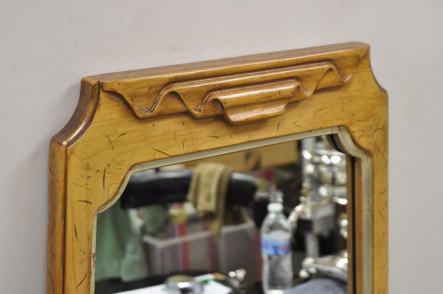 Hollywood Regency Italian Style Ribbon Scroll Carved Wood Wall Mirror - a Pair