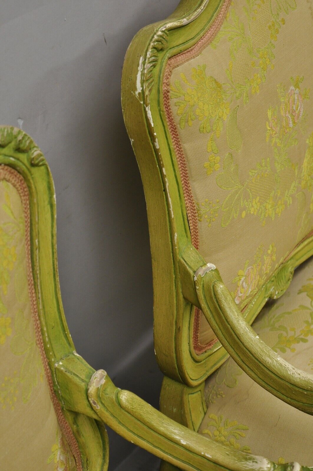 Italian Rococo Hollywood Regency Green Painted Fireside Lounge Arm Chairs - Pair