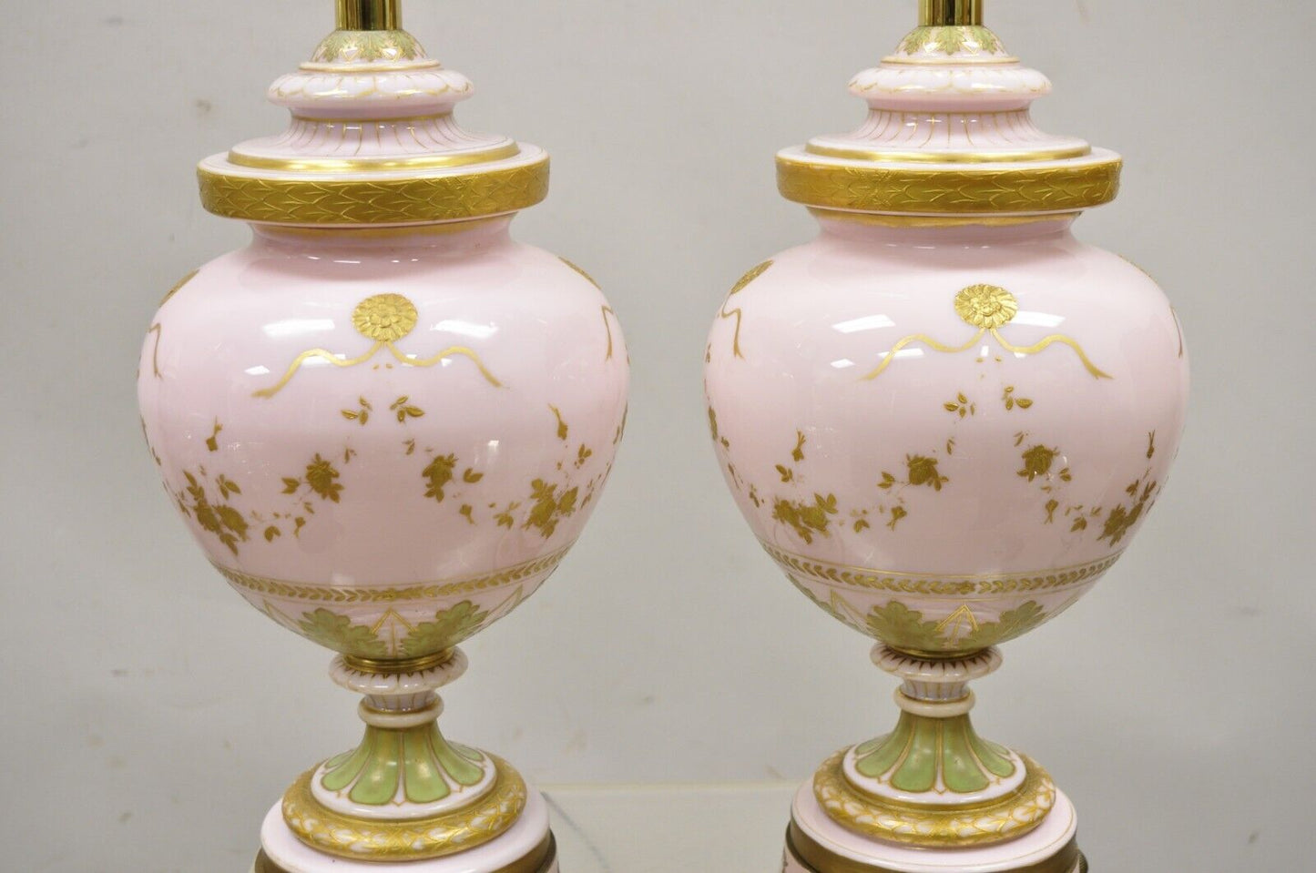 Antique French Pink Porcelain Hand Painted Bulbous Table Lamps - a Pair