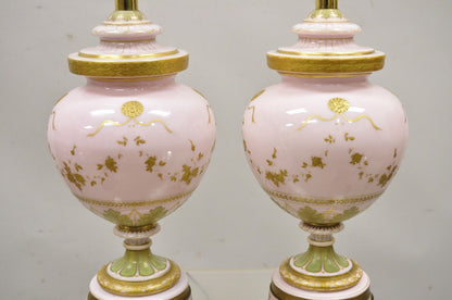 Antique French Pink Porcelain Hand Painted Bulbous Table Lamps - a Pair