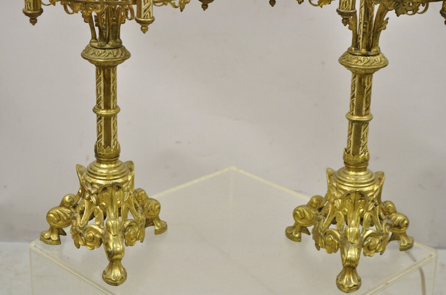 Antique Gothic Revival Gold Bronze Figural Candelabra Table Lamps - a Pair