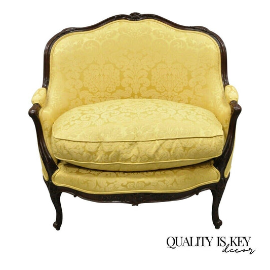 French Louis XV Style Gold Upholstered Wide Seat Lounge Chair Settee Bergere