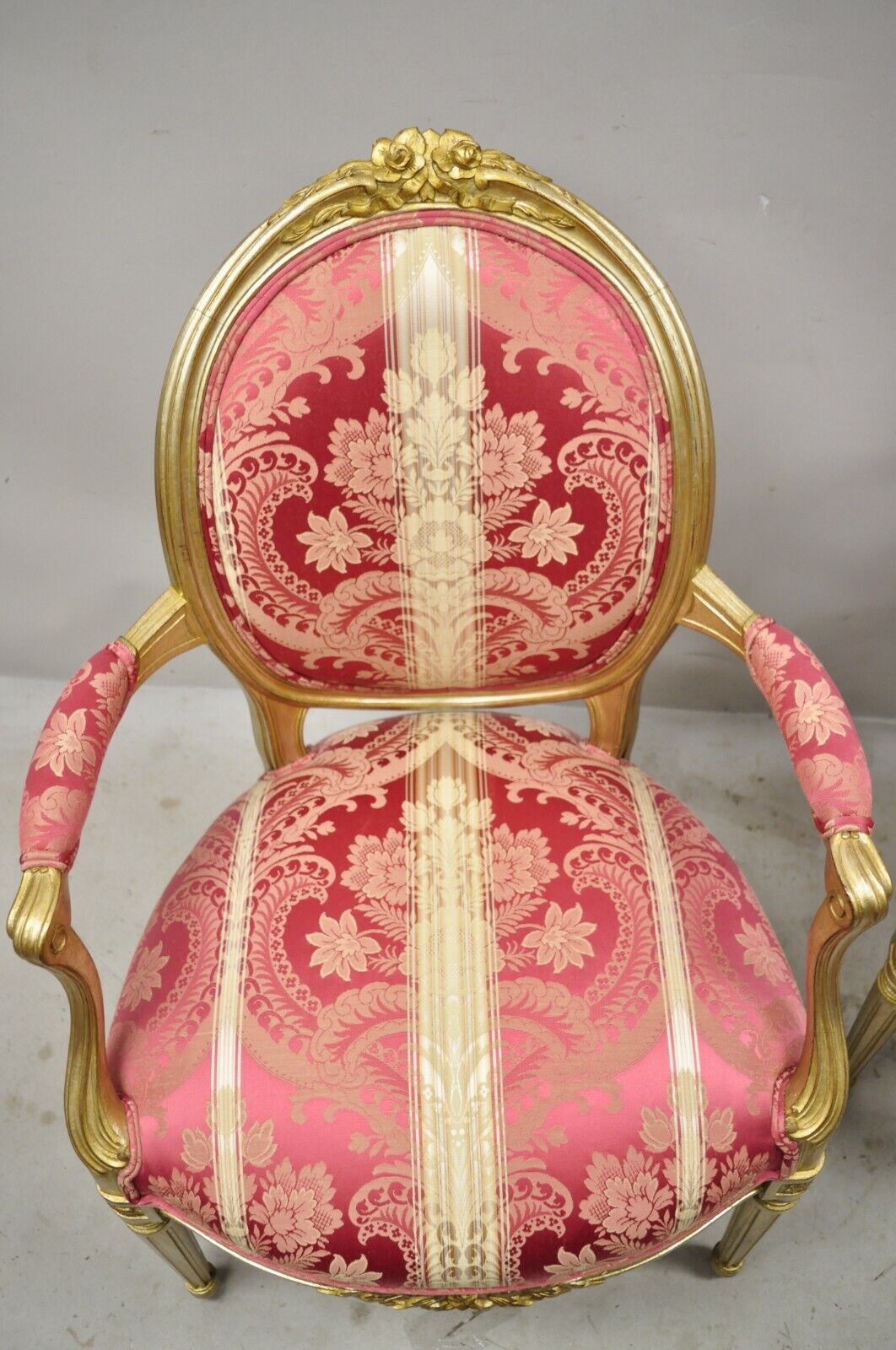 French Louis XVI Style Silver Gold Gilt Pink Damask Oval Back Arm Chairs - Pair