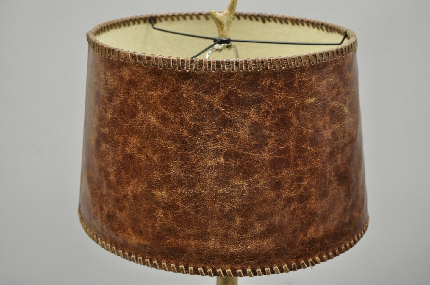 Faux Mule Deer Antler Horn Table Lamp with Brown Leather Shade