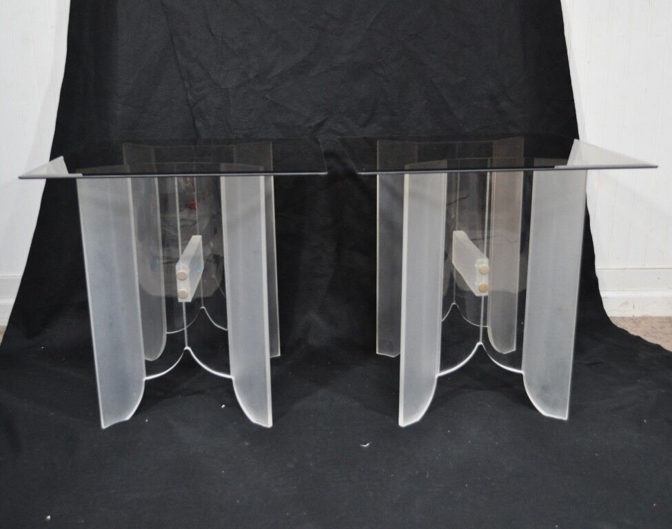 Vintage Pair Mid Century Modern Frosted Lucite & Glass Butterfly End Side Tables