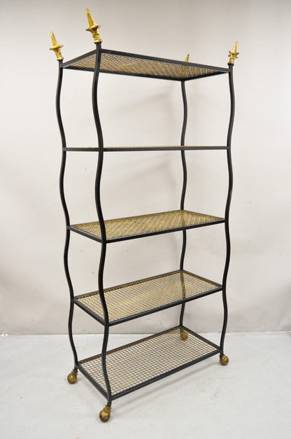 Vintage Italian Hollywood Regency Wrought  Iron Black and Gold Bookshelf Etagere