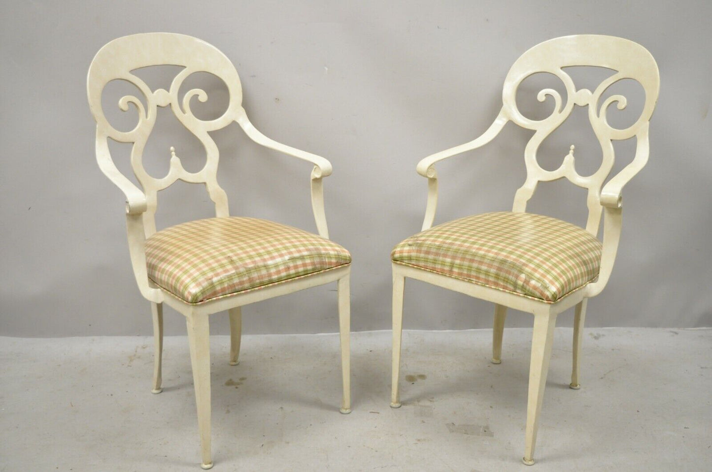 Veneman Italian Regency Style Cast Aluminum Spade Back Saber Leg Chairs - a Pair