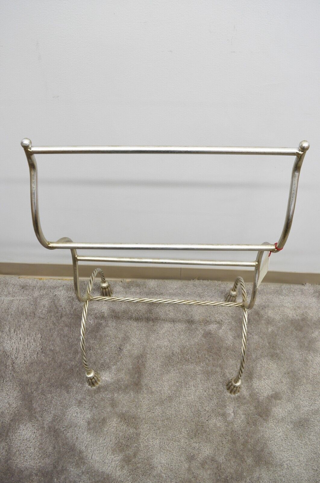 Vtg Italian Hollywood Regency Silver Gilt Metal Iron Towel Rack with Tassel Feet