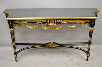 Labarge French Louis XVI Italian Black Lacquer Gold Gilt Jansen Console Table