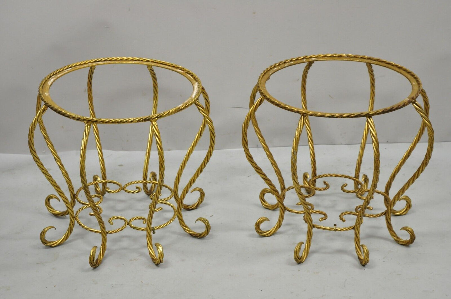 Vintage Italian Hollywood Regency Gold Gilt Glass Top Low Side Tables - a Pair