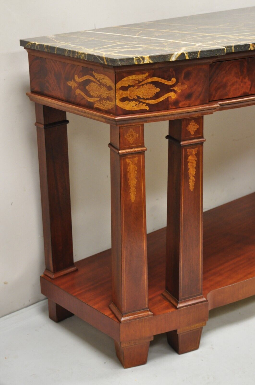 Henredon Marble Top One Drawer Inlaid Mahogany Empire Sideboard Buffet Server