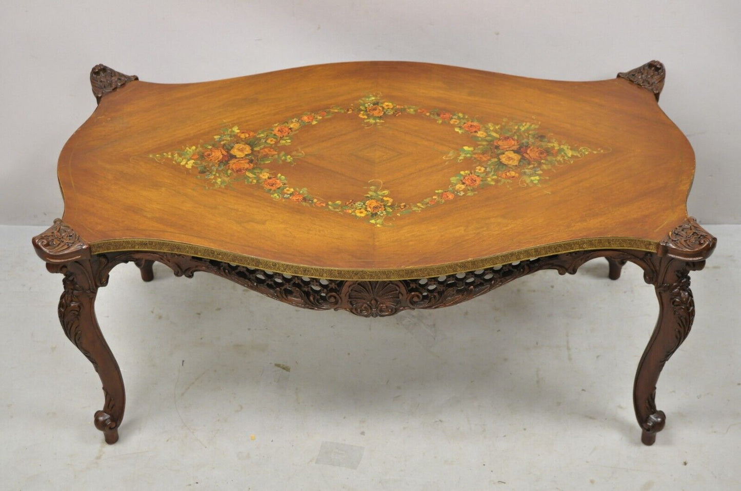 Vintage French Louis XV Style Walnut Coffee Table with Hand Painted Floral Top