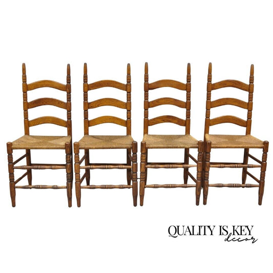 Antique Ladderback Primitive Rustic Oak Wood Rush Seat Dining Chairs - Set of 4