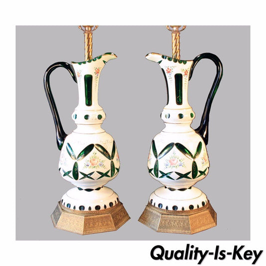 p020 DAZZLING LARGE Pair Antique Bohemian Glass Ewer Lamps coin dot Cut to Green