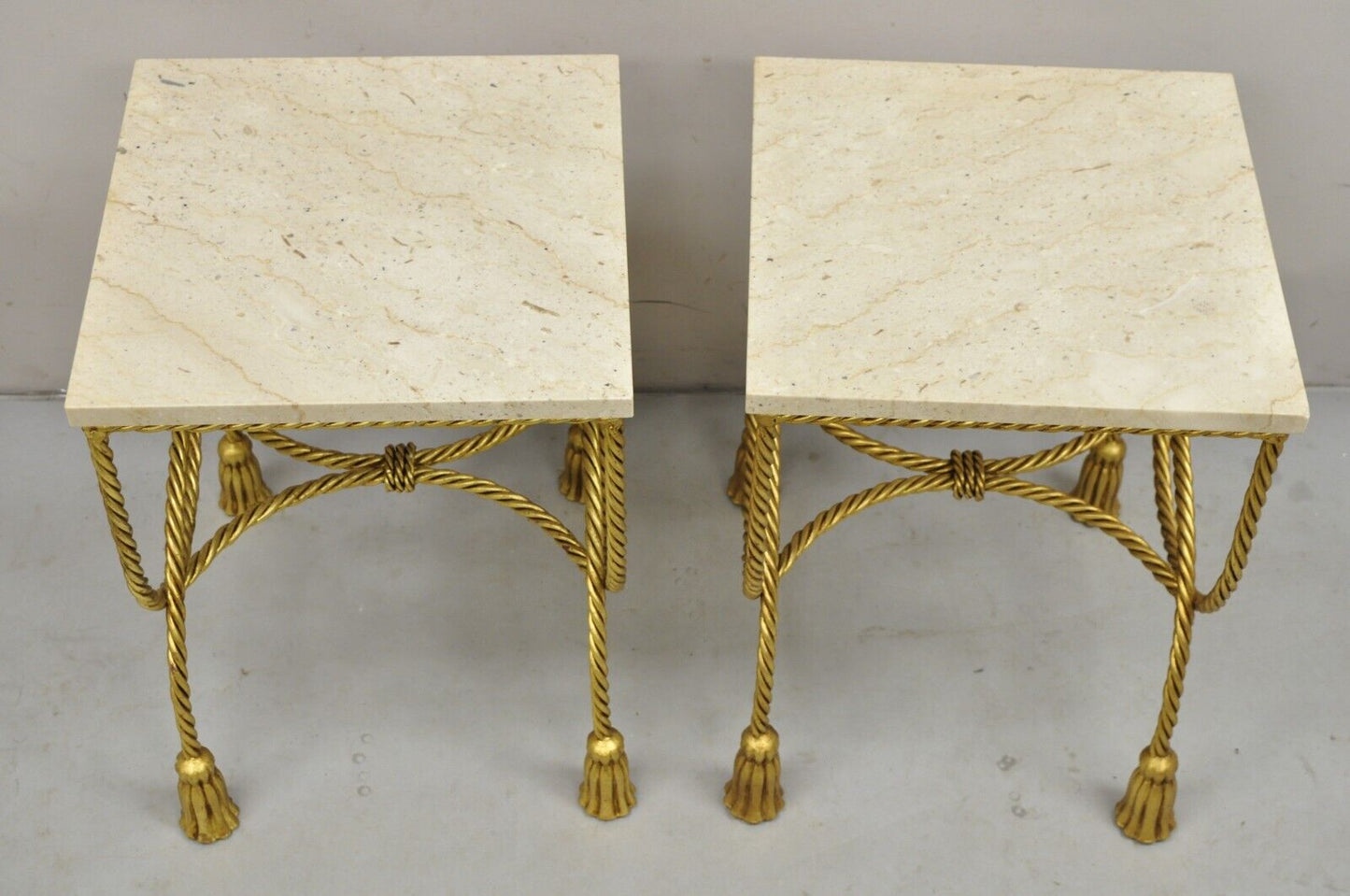 Italian Hollywood Regency Gold Gilt Iron Rope Tassel Marble Top Side Table Pair