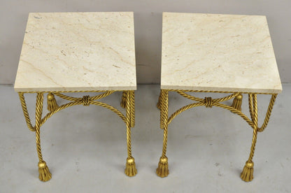 Italian Hollywood Regency Gold Gilt Iron Rope Tassel Marble Top Side Table Pair