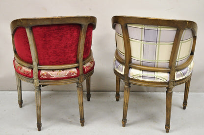 Vintage French Louis XVI Style Carved Walnut Barrel Back Boudoir Club Chair Pair