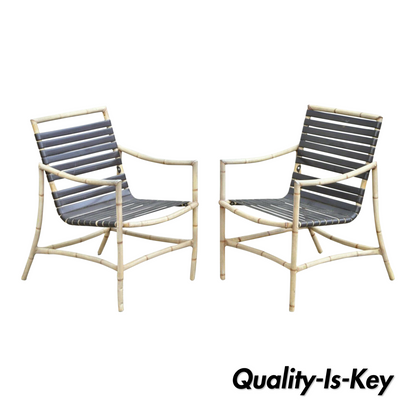 Faux Bamboo Chinese Chippendale Aluminum Vinyl Strap Patio Arm Chairs - a Pair