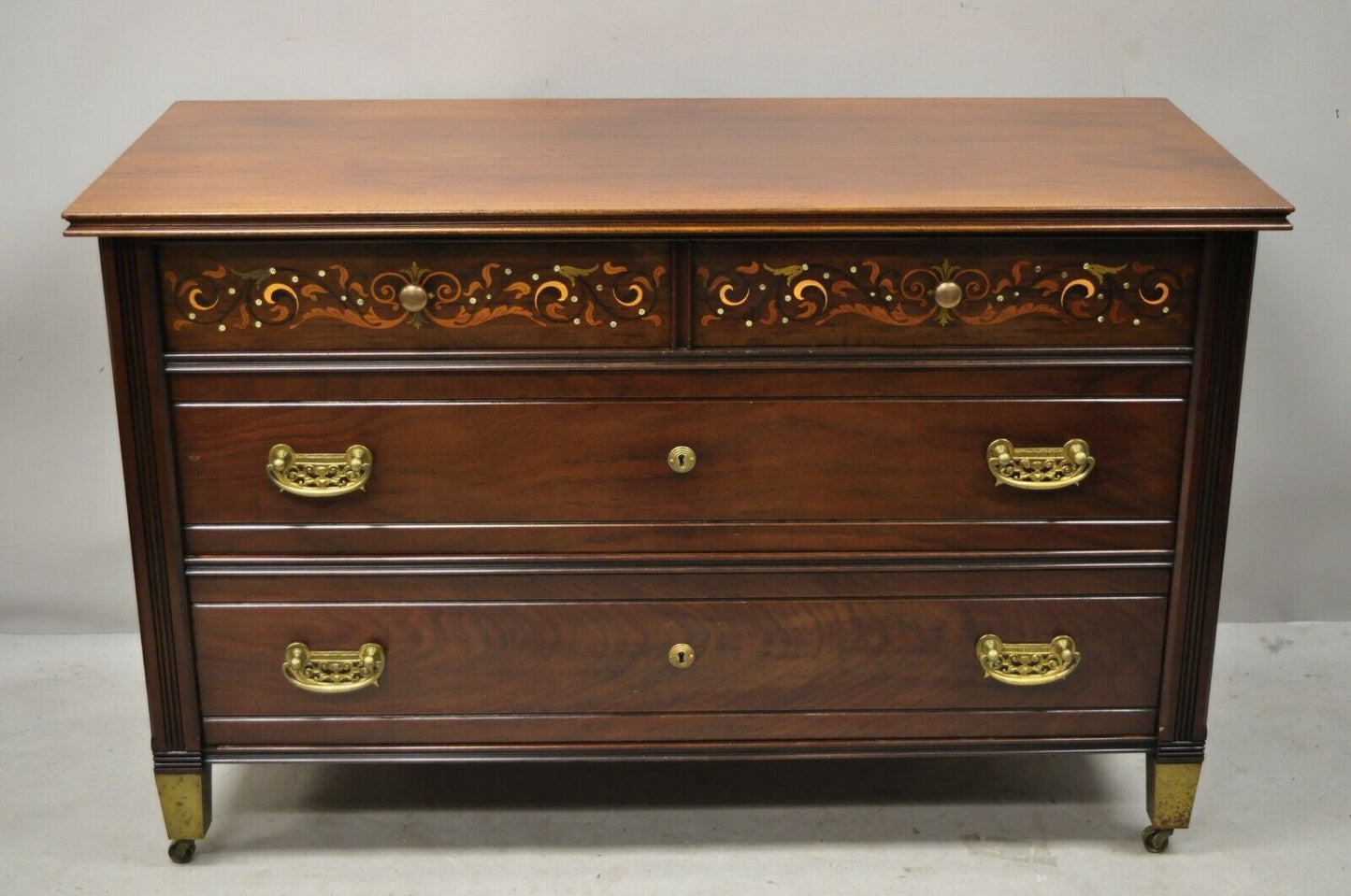 Antique Herts Brothers Edwardian Bronze & Satinwood Inlay Mahogany Chest Dresser