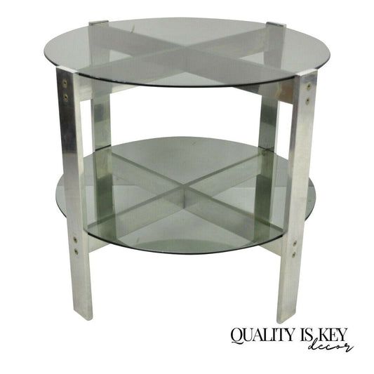 Vintage Mid Century Modern Round Smoked Glass 2 Tier Aluminum Base Side Table