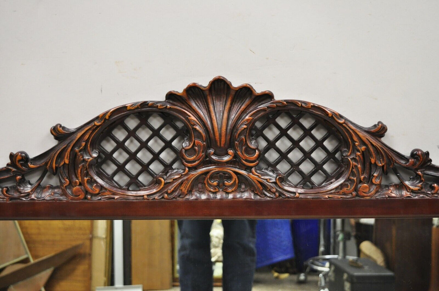 Antique Chinese Chippendale Style Fretwork Carved Mahogany Wall Mirror