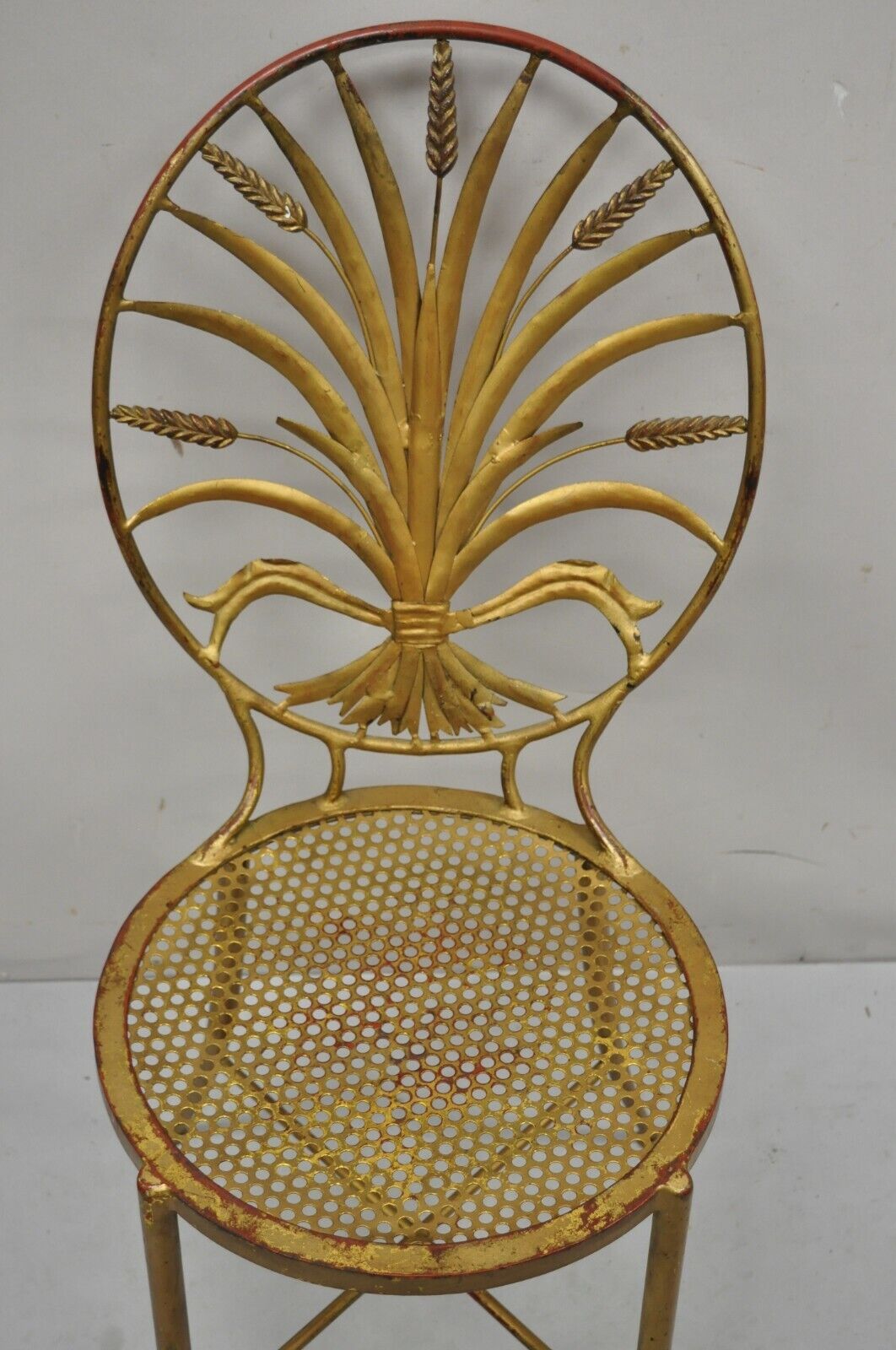 Italian Hollywood Regency Iron Tole Metal Gold Gilt Wheat Sheaf Salvadori Chair