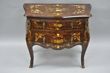 Pair Italian Inlaid French Louis XV Bombe Nightstands Commode by Roma Furniture