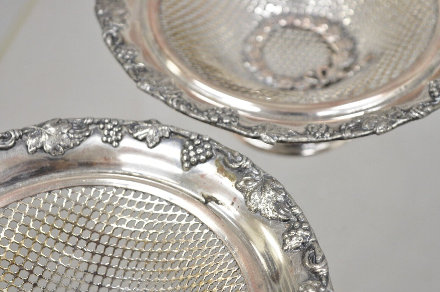 English Edwardian Silver Plated Wreath Design Small Mesh Basket Candy Dish -Pair