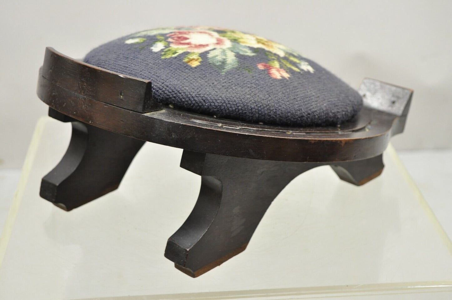 Victorian Carved Mahogany Horseshoe Needlepoint Gout Stool Footstool Ottoman
