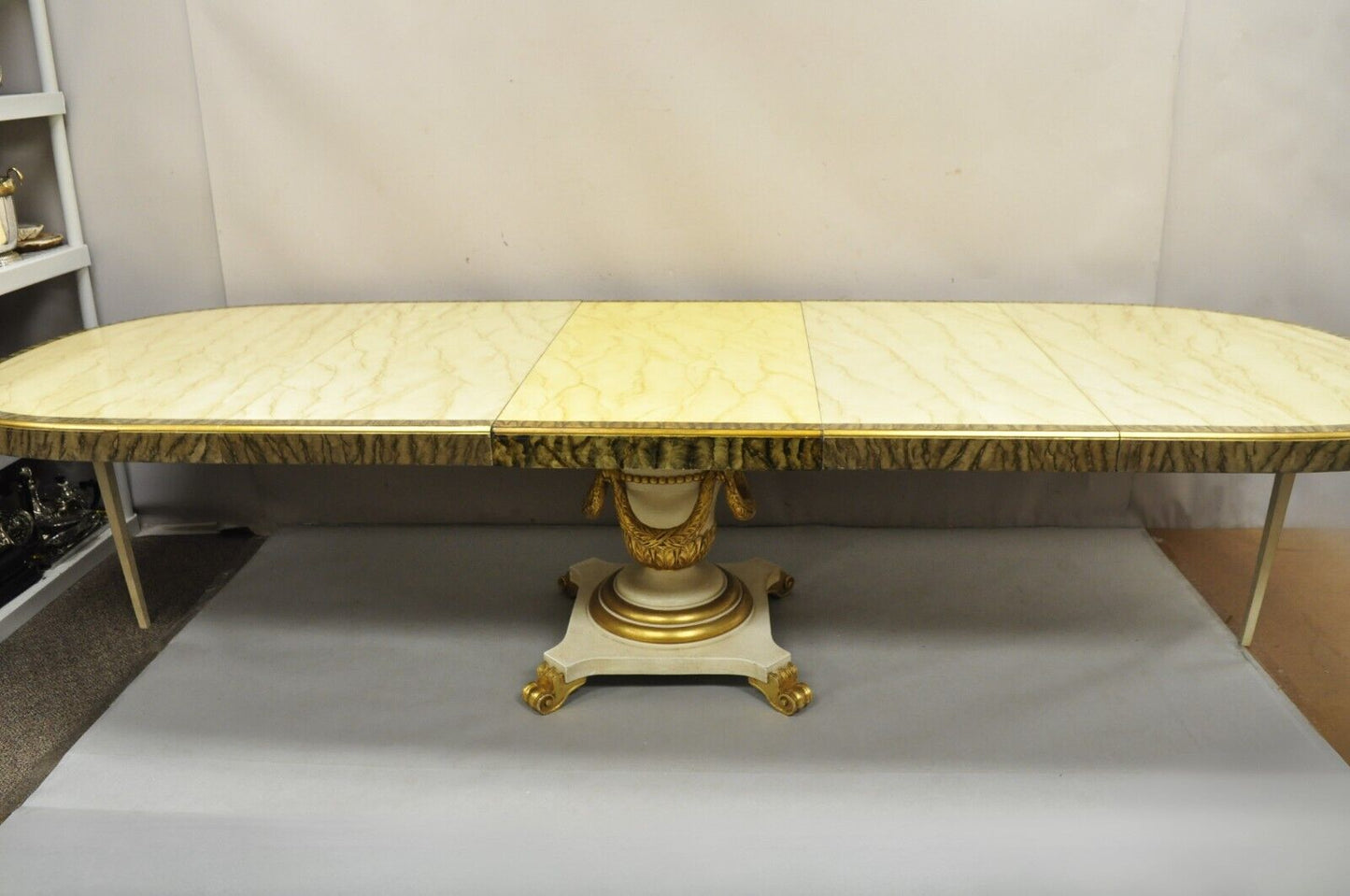 Italian Regency Cream & Gold Gilt Lacquered Urn Pedestal Dining Table - 3 Leaves