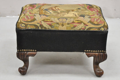 Antique French Figural Needlepoint Box Footstool Ottoman on Mahogany Legs