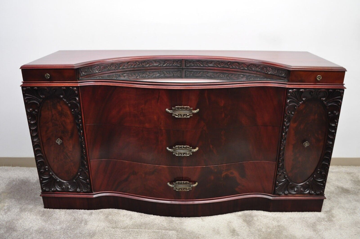 Vtg Chinese Chippendale Flame Mahogany Triple Dresser w/ Bowed Front and Mirror